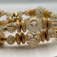 Vintage Y2K Gold Tone Clear Frosted Lucite Beaded Multi Layer Wrap Cuff Bracelet