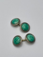 Vintage Art Deco Cufflinks Double Sided Greek Key Peking Glass Faux Jade 5/8″
