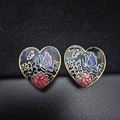 Cloisonne Butterfly Heart Earrings Enamel Black Purple Vintage Jewelry