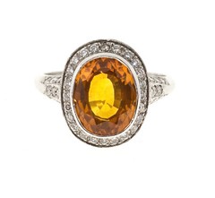 Estate Rare Orange 4.00ct Oval Orange Sapphire Diamond Filigree Platinum Ring