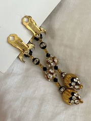 Lois Ann Vintage 80s Gold Crystal Clip On Earrings Black Glass Beads Statement