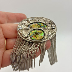 Vintage Brooch Abalone Shell Tassel Rhinestone Silver Tone Dangle Chain Pin
