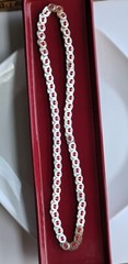 Vintage Handmade MOP Pearlized WHITE Button Double Sided RED BLUE Bead NECKLACE