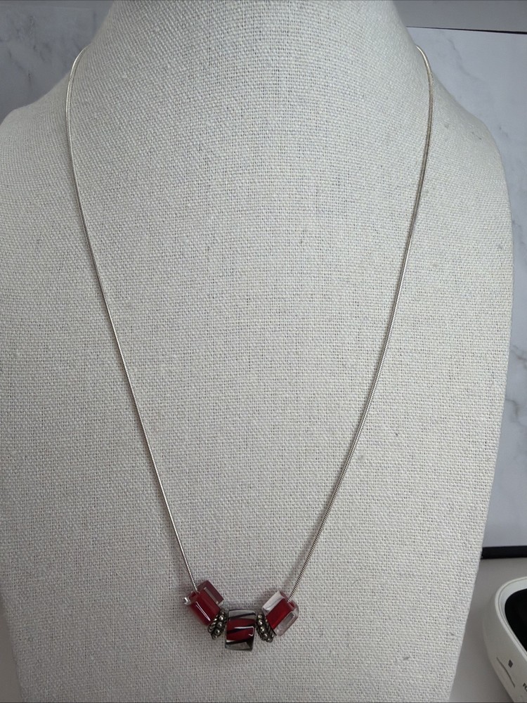 VINTAGE 925 STERLING SILVER SLIDING GLASS BEADS ITALY NECKLACE 18”