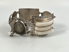 VINTAGE SILVER MEXICO BEIGE & WHITE AGATE PANEL BRACELET 7.25