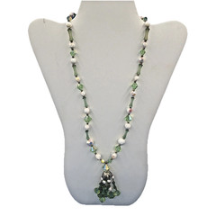 Vintage Green & White Glass and Lucite Beaded Necklace – Faceted Drop Tassel