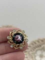 Small Painted Rose Cabochon and Rhinestone Brooch Lapel Pin