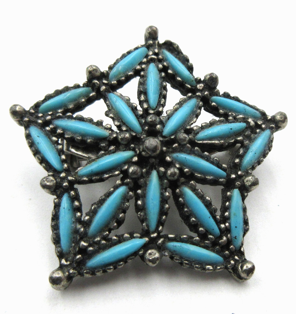 VTG TURQUOISE COLOR blue dark textured Silver tone FLOWER GEOMETRIC BROOCH PIN