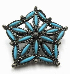 VTG TURQUOISE COLOR blue dark textured Silver tone FLOWER GEOMETRIC BROOCH PIN