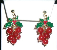 Vintage Holly Leaf Berries Earrings-Enamel Red Beads-Dangle Pierced