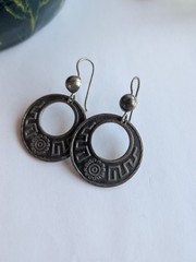 Vintage Taxco Mexico Sterling Silver 925 Geometric Flower Inset Drop Earrings