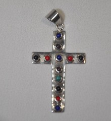 Vintage Artisan Coral Lapis Onyx Sterling Silver .925 Cross Pendant – 9.6 grams
