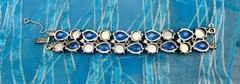 Vintage 7” Blue Rhinestone & Cabochon Stones Large Floral 5 Flowers Bracelet