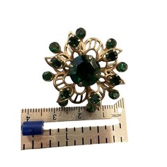 Rhinestone Faux Emerald Ruby Flower Gold Tone BROOCH Pin Vtg Jewelry Set Of 2