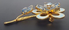 Vintage Blue Glass Rhinestone Enamel Flower Brooch Marquise Round Gold Tone Pin