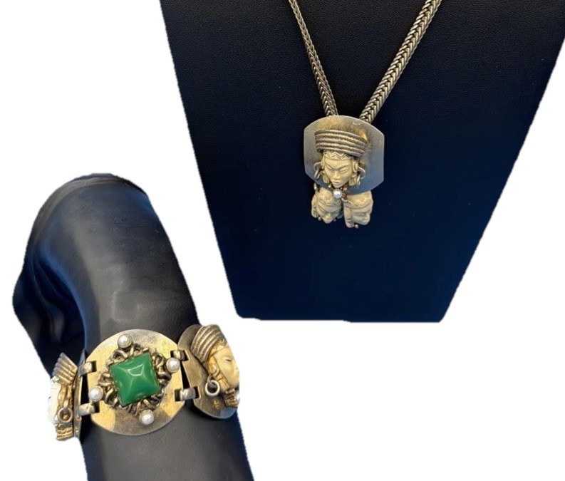 Vintage Sculpted Face Pendant Necklace & Green Stone Bracelet Set