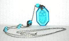 Art Deco Czech Pendant Necklace Floral Intaglio Carved Etched Blue Camphor Glass