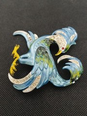 RARE 1940s Huge Blue Enamel Clear Stones Exotic BIRD Pot metal Brooch