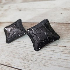 Vintage Clip On Earrings – Unusual Black Pattered Squished Square Shape
