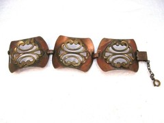 Vintage Wide Copper and Brass Art Nouveau Style Bracelet with Safety Chain