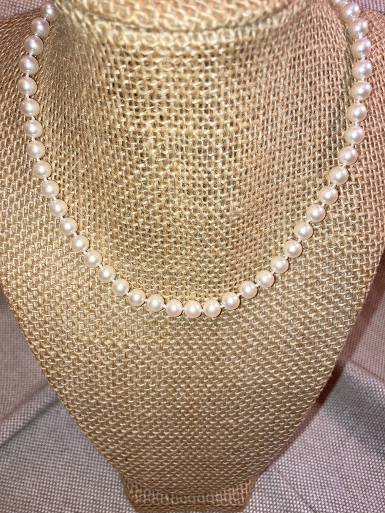 Carol Lee Knotted Single Strand Faux Pearl Clasp Necklace Gold Tone Signed