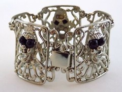 Vintage Selini Silver Plated Black Beaded Clown Face Panel Bracelet 7 Inches 68g