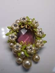 Vintage Wreath Pendant Necklace Delicate Pearl Flowers Amethyst Green Enamel