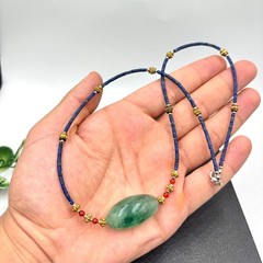 Handcrafted Lapis Lazuli Micro Bead Necklace Green Fluorite Centerpiece Pendant