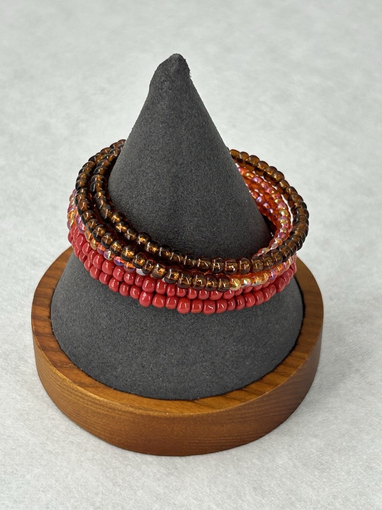 Multicolor Beaded Memory Coil Bracelet Orange Brown Red Iridescent