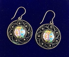 Vintage Painted Enameled Earring Soviet Cupronickel Finift Hand Wrought Filigree
