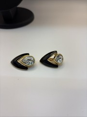 Vintage Swarovski Black Enamel Pear Rhinestone Button Clip On Earrings