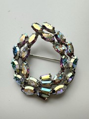 Vintage B. David Aurora Borealis Rhinestone Wreath Brooch Pin Silver Tone Signed