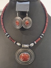 Vintage Premier Designs Red Spice Jewelry Set Bracelet Earrings Necklace Pendant
