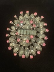 VTG Pale Green Navette Baguette Prong Set Brooch Pink Accents BUDDING FLOWER