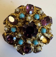 Vintage domed brooch purple rhinestones turquoise beads & faux pearls gold-tone