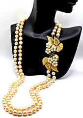 Vintage Celebrity NY 2 Strand Faux Pearl Necklace Floral Rhinestone, Pearl Clasp