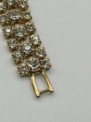 Vintage Estate Gold Tone Clear Rhinestone Fold Over Clasp Bracelet 7”