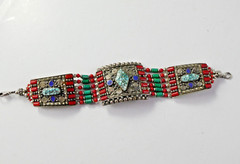 Southwestern Metal & Beaded Bracelet Coral Turquoise Lapis Silver Plated Heavy