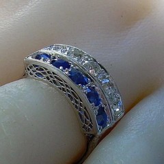 Original EARTH MINED DIAMOND SAPPHIRE Deco Statement Ring PLATINUM Filigree Band