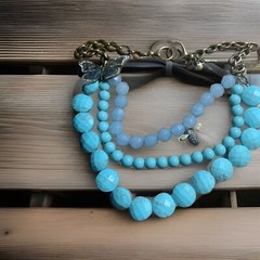 FOSSIL 3 Strand 24” Necklace Rhinestone Turquoise Blue Beads MOP BUTTERFLY & BEE