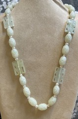 JTV Vintage carved Celadon Jade White Pearl Accents 28 inch beaded necklace
