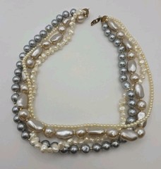 Vintage Faux Pearl Multistrand Round Baroque White Champagne Grey Statement 19.5