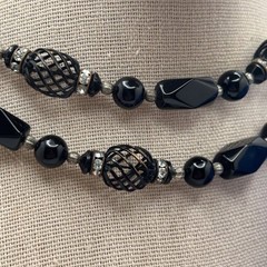 Vintage Black Glass Beaded 30″ Long Necklace Sterling Silver Box Clasp