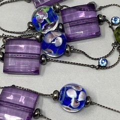 Glass Bead Station Necklace Blue Flower Lampwork Purple Acrylic Black Tone 36″