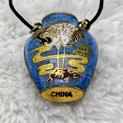 Vintage Cloisonne Urn Necklace Blue Crane Bird Enamel Pendant Chinese Export 26″