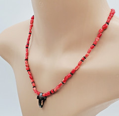 VTG 925 Red Coral Bead 17in Necklace Sterling Silver 15gtw Puffed Open Cross