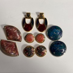 Vintage Earrings Colorful Swirled Enamel & Gold Tone 1980s 1990s Retro 5 pair