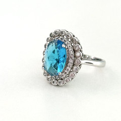 Ladies Light Blue & Clear CZ Halo Bezel Set White Gold Plated Ring Size 8