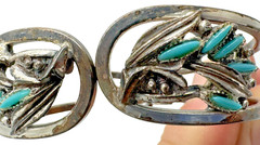 Vintage Silver & Turquoise Toned Flower Leaves Hinged Bangle Clamper Bracelet