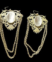 Vtg Butterfly Chandelier Dangling Earrings 3.5” Long Silver Toned Cabochon Stone